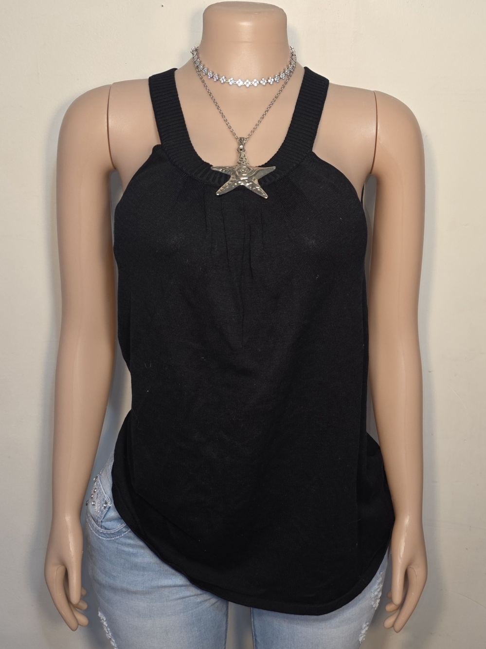 Guess Vintage Black Ribbed Silk Halter Tank Top